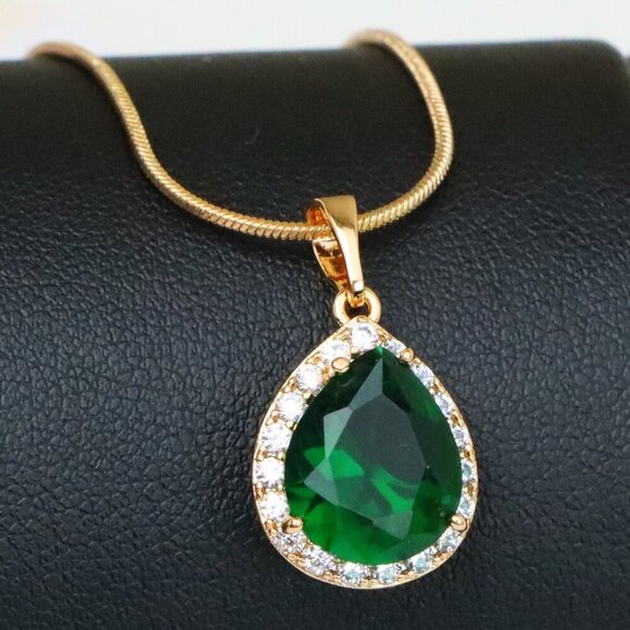 "Teardrop Green Pendant with Crystal Border in Rose Gold Finish, XPPT1613 - Picture 1 of 13